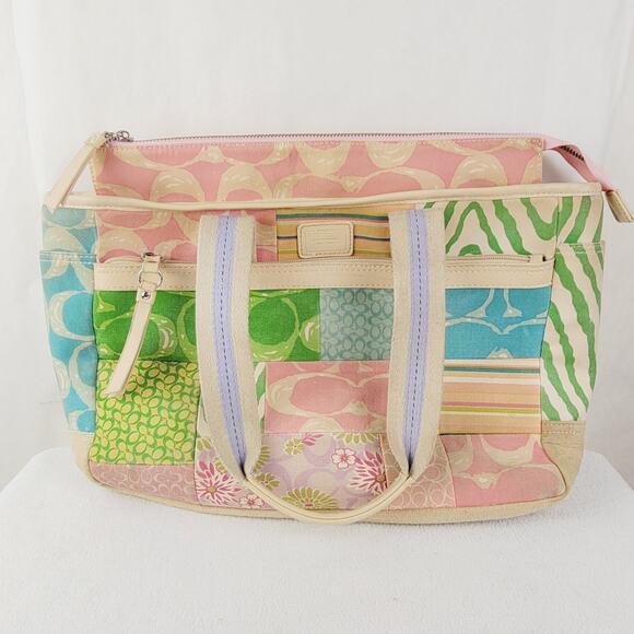Vintage Coach patchwork signature canvas suede tote bag Pink Green Classic Boho - Picture 1 of 12